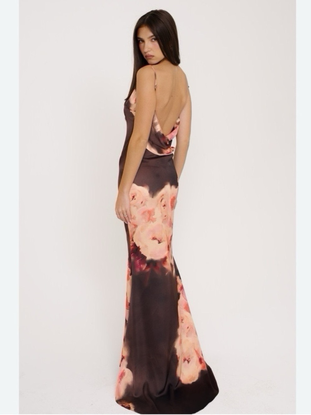 House of CB Mariamma Dark Brown Floral Printed Satin Maxi Dress - Picture 6 of 16